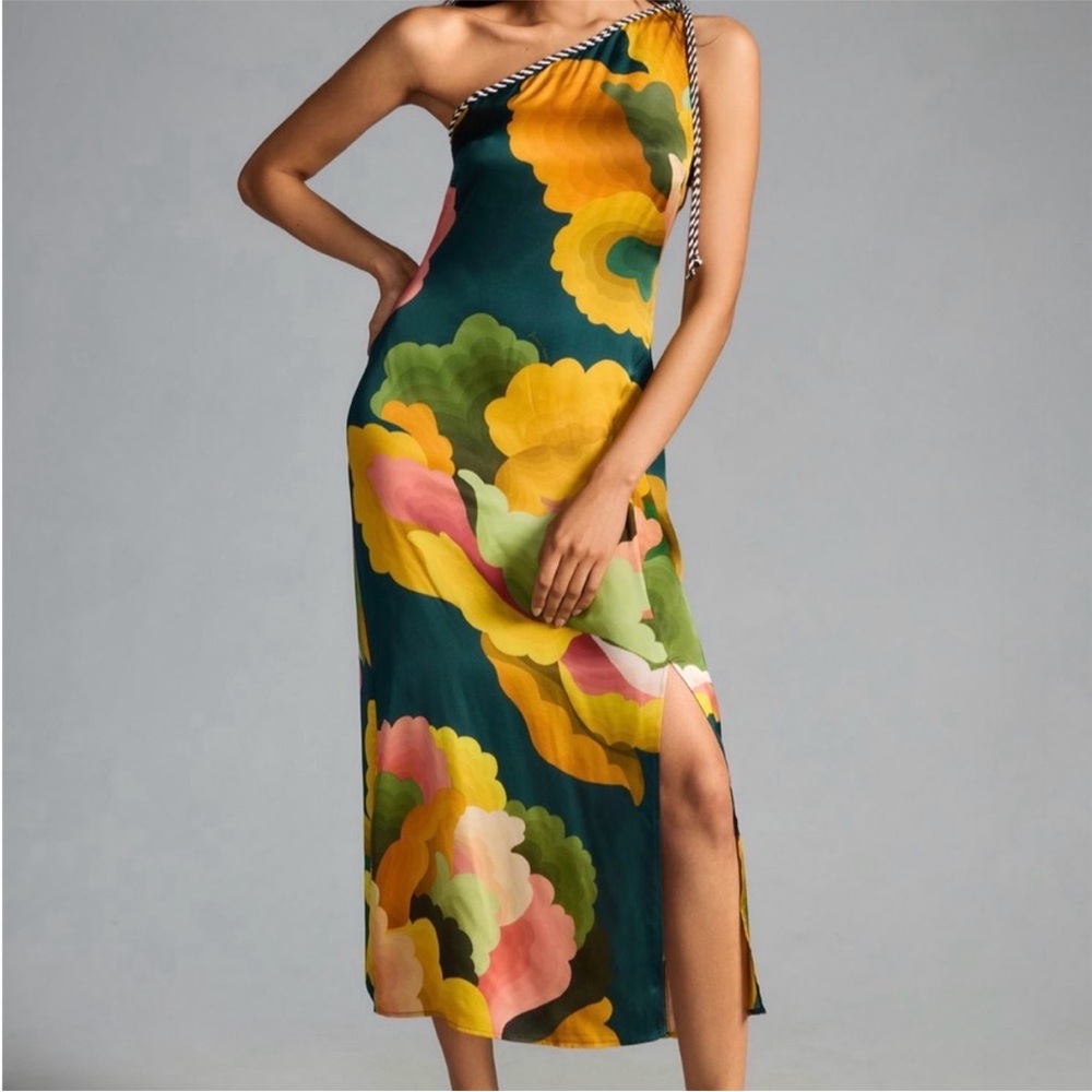 🏝️ Anthropologie Farm Rio Teal One-Shoulder Floral-Cloud Midi Dress Large